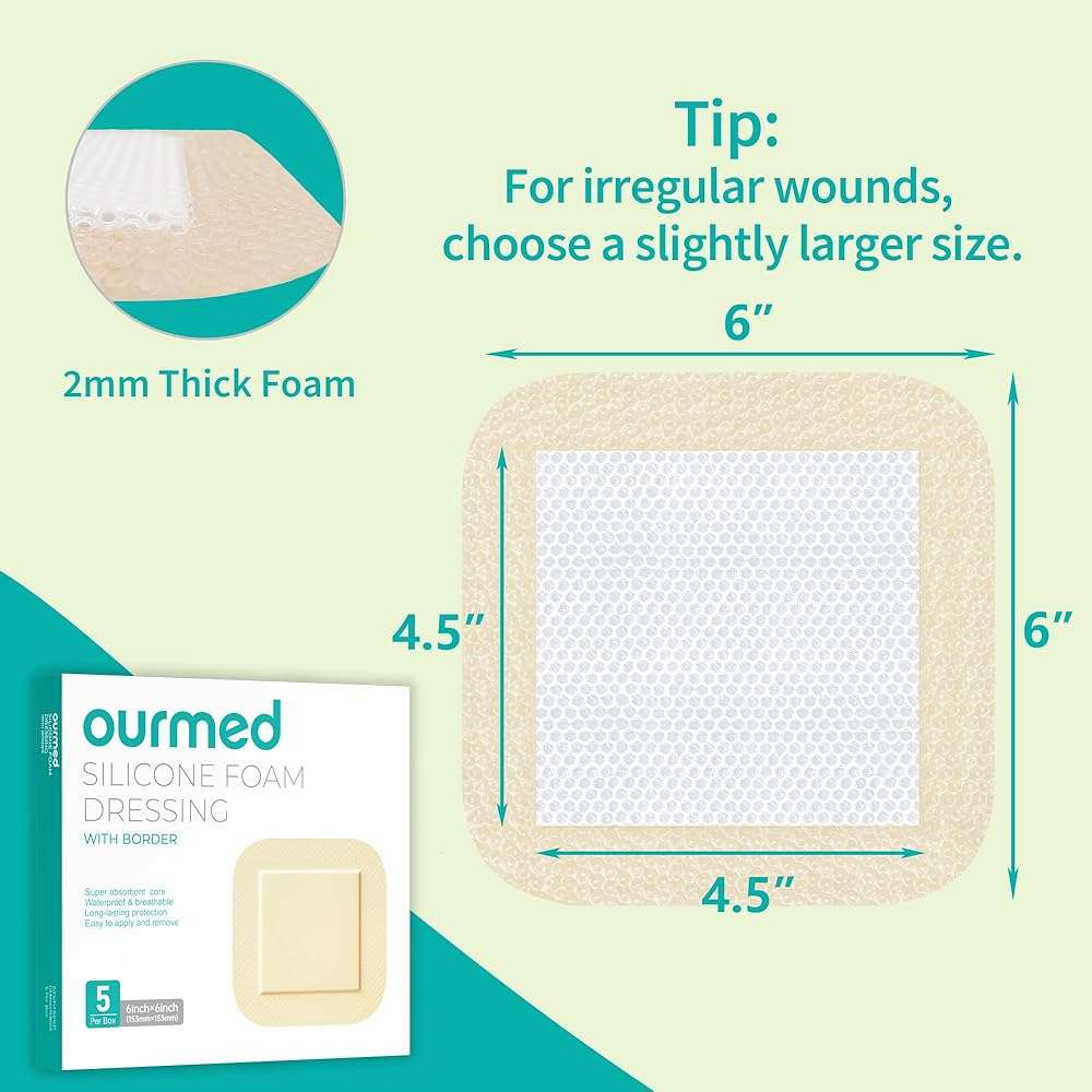 Ourmed Silicone Foam Dressing with Border Adhesive - Large Absorbent Waterproof Bandage for Wound Care, Foot Diabetic Ulcer, Leg Ulcer, 6" x 6", 5 Pack - Image 2