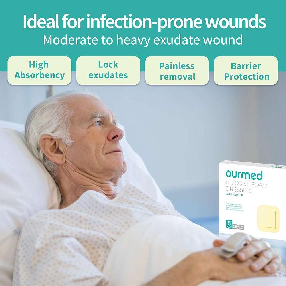 Ourmed Silicone Foam Dressing with Border Adhesive - Large Absorbent Waterproof Bandage for Wound Care, Foot Diabetic Ulcer, Leg Ulcer, 6" x 6", 5 Pack - Image 3