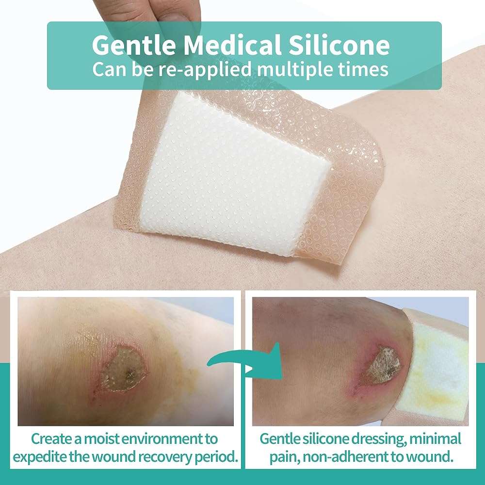 Ourmed Silicone Foam Dressing with Border Adhesive - Large Absorbent Waterproof Bandage for Wound Care, Foot Diabetic Ulcer, Leg Ulcer, 6" x 6", 5 Pack - Image 4