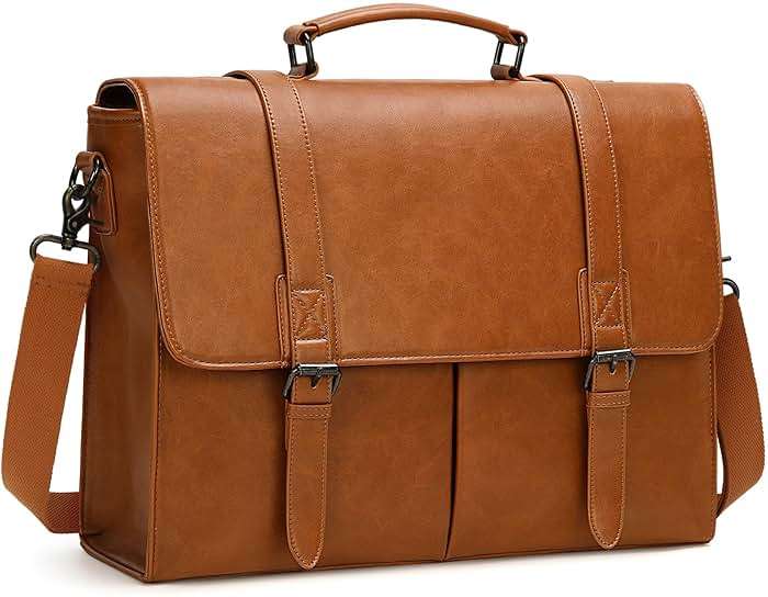 RAINSMORE Messenger Bag for Men 15.6 Inch Vintage Leather Briefcase Waterproof Laptop Bag Large Satchel Shoulder Bag Office Work Business College Computer Bag, Brown - Image 1
