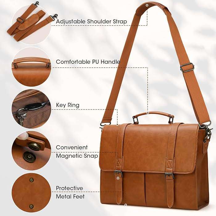 RAINSMORE Messenger Bag for Men 15.6 Inch Vintage Leather Briefcase Waterproof Laptop Bag Large Satchel Shoulder Bag Office Work Business College Computer Bag, Brown - Image 5