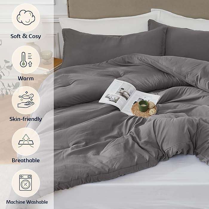 Quataly Queen Comforter Sets Grey,3PCS Soft Lightweight Breathable Bedding Comforter Sets for All Season, Queen Size(90''×90'' Comforter & 2 Pillowcases) - Image 3