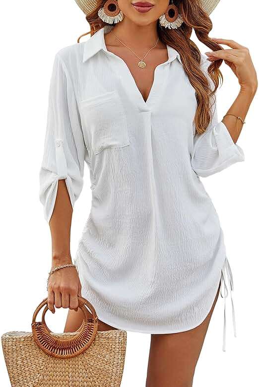 Blooming Jelly Womens Bathing Suit Cover Ups Bikini Swimsuit Coverup Drawstring Beach Dress Shirt - Image 1