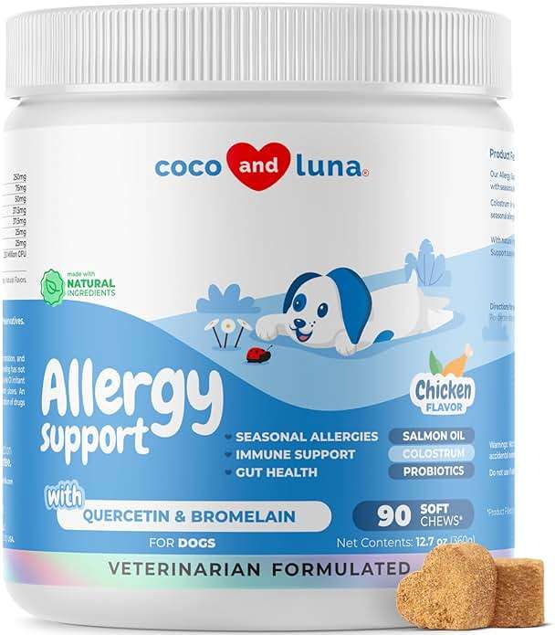 Dog Allergy Relief 90 Soft Chews - Itchy Skin, Immune & Quercetin | With Quercetin, Colostrum, Omega 3 & Probiotics. Relieves itchy skin, ear itching, seasonal allergy & boosts immunity. - Image 1