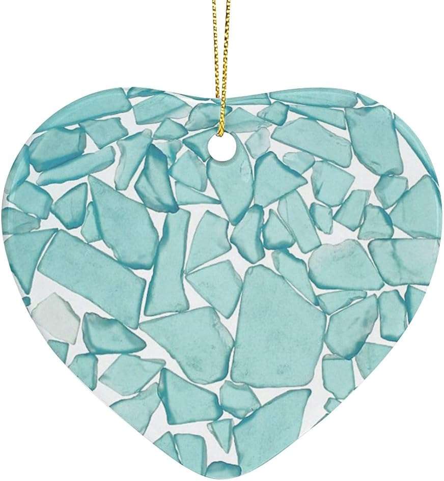 Crushed Sea Glass Pieces Print Christmas Ornament Heart Shaped Xmas Decoration for Christmas Tree Home Party - Image 1