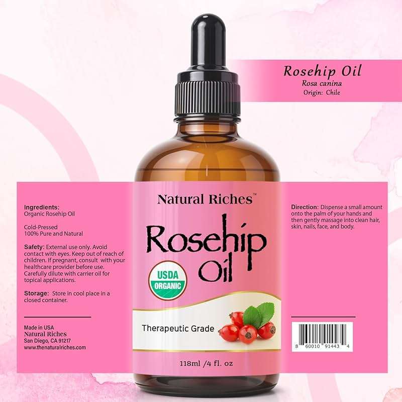 Natural Riches Organic Rosehip Seed Oil for Face 100% Pure Natural Cold Pressed Unrefined Carrier Oil for Skin Hair & Nails. 4 fl oz. - Image 2