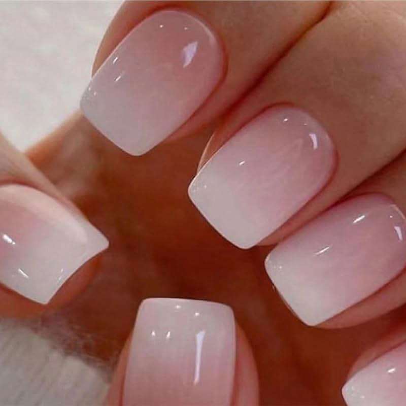 WAFOLOZE Nails Press ons,White Ombre Short Square Press on Nails Fake Nails Glossy Acrylic Artificial Nails Stick on Nails for Women 24Pcs - Image 1