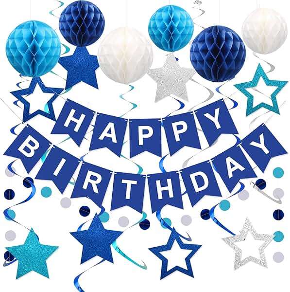 meowtastic Birthday Decorations, Happy Birthday Banner with Honeycomb Balls, Stars Hanging Swirl Streamers, Circle Dots Garland, Happy Birthday Party Decorations for Women Men Boys Girls (Blue) - Image 1