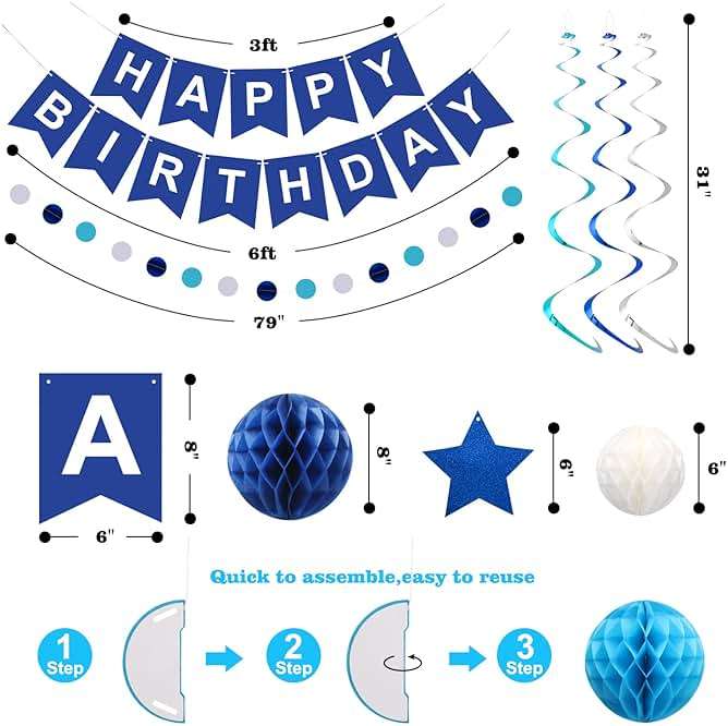 meowtastic Birthday Decorations, Happy Birthday Banner with Honeycomb Balls, Stars Hanging Swirl Streamers, Circle Dots Garland, Happy Birthday Party Decorations for Women Men Boys Girls (Blue) - Image 3