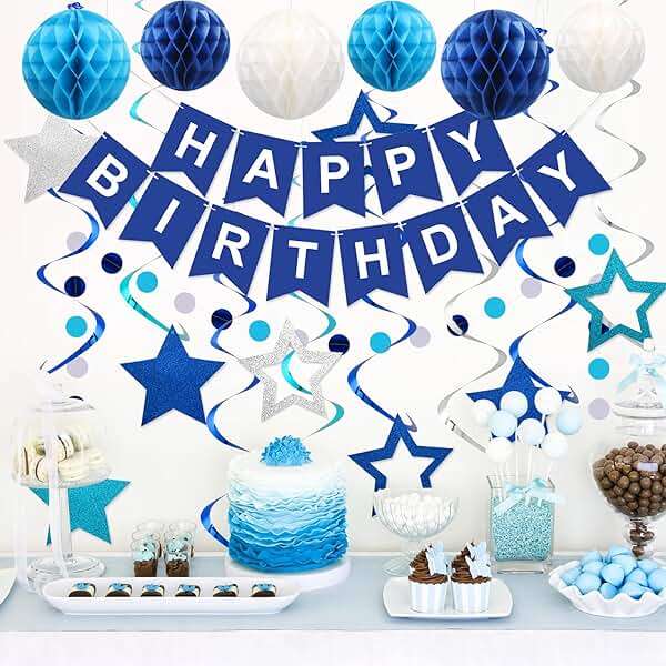 meowtastic Birthday Decorations, Happy Birthday Banner with Honeycomb Balls, Stars Hanging Swirl Streamers, Circle Dots Garland, Happy Birthday Party Decorations for Women Men Boys Girls (Blue) - Image 4