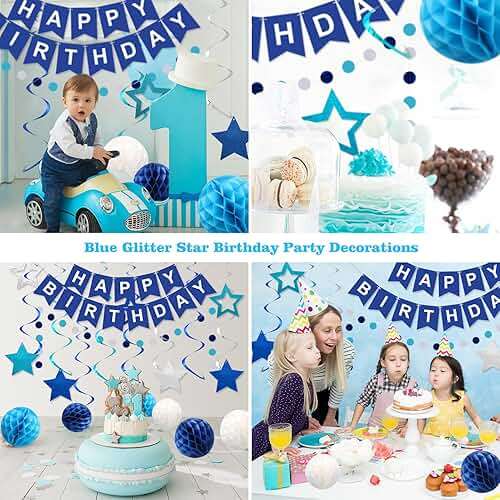 meowtastic Birthday Decorations, Happy Birthday Banner with Honeycomb Balls, Stars Hanging Swirl Streamers, Circle Dots Garland, Happy Birthday Party Decorations for Women Men Boys Girls (Blue) - Image 5