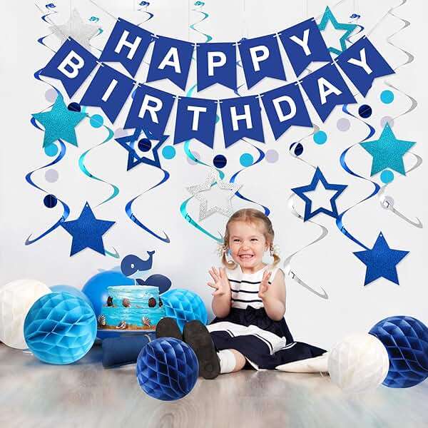 meowtastic Birthday Decorations, Happy Birthday Banner with Honeycomb Balls, Stars Hanging Swirl Streamers, Circle Dots Garland, Happy Birthday Party Decorations for Women Men Boys Girls (Blue) - Image 6