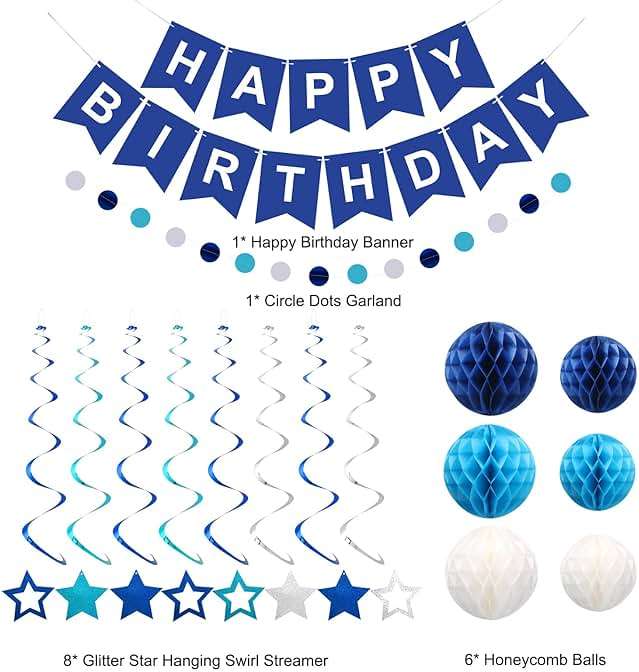 meowtastic Birthday Decorations, Happy Birthday Banner with Honeycomb Balls, Stars Hanging Swirl Streamers, Circle Dots Garland, Happy Birthday Party Decorations for Women Men Boys Girls (Blue) - Image 7