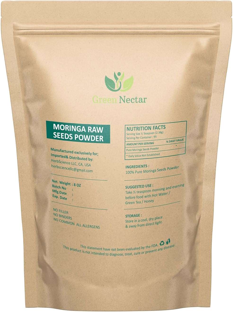 GREEN NECTAR 100% Pure Moringa Oleifera Seed Powder - 8oz - Non-GMO, Vegan, Kosher, Gluten Free (8 Oz - 1 Pack) - Image 2