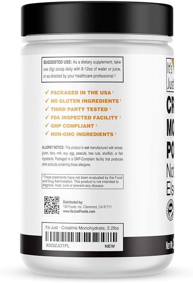 It's Just! - Creatine Monohydrate Powder, Pure Creatine Powder, Made in USA, 3rd Party Lab Tested, 5g Per Serving, Scoop Included, No Fillers, No Added Flavor (Unflavored, 1000g / 200 Servings) - Image 2
