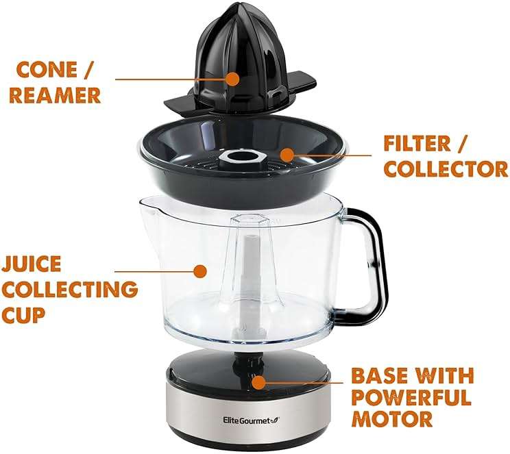 Elite Gourmet ETS623 BPA-Free 40-Watt Electric Citrus Juicer, Compact, Large Volume, Pulp Control, Oranges, Lemons, Limes, Grapefruits with Easy Pour Spout, 24oz, Black/Stainless Steel - Image 2