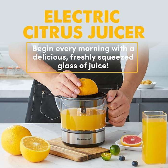 Elite Gourmet ETS623 BPA-Free 40-Watt Electric Citrus Juicer, Compact, Large Volume, Pulp Control, Oranges, Lemons, Limes, Grapefruits with Easy Pour Spout, 24oz, Black/Stainless Steel - Image 3