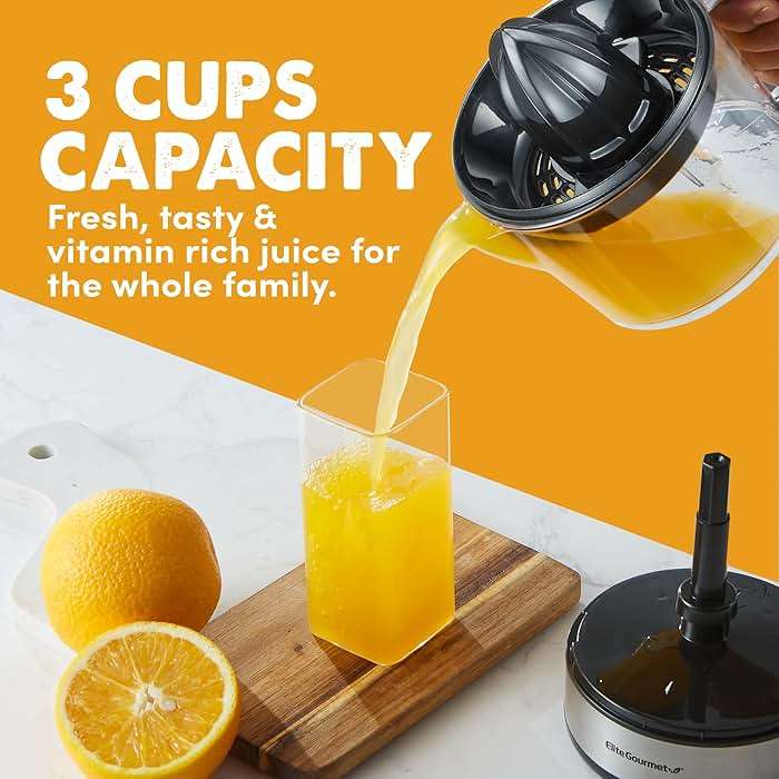 Elite Gourmet ETS623 BPA-Free 40-Watt Electric Citrus Juicer, Compact, Large Volume, Pulp Control, Oranges, Lemons, Limes, Grapefruits with Easy Pour Spout, 24oz, Black/Stainless Steel - Image 5