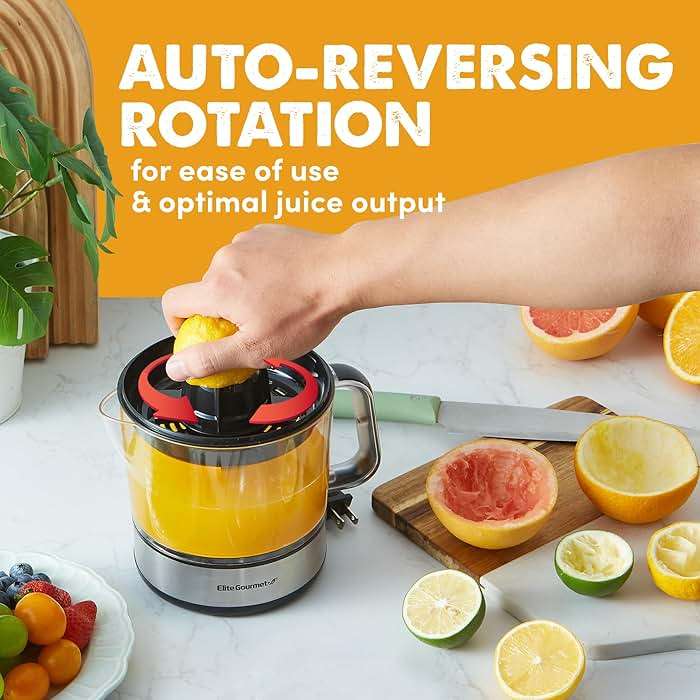 Elite Gourmet ETS623 BPA-Free 40-Watt Electric Citrus Juicer, Compact, Large Volume, Pulp Control, Oranges, Lemons, Limes, Grapefruits with Easy Pour Spout, 24oz, Black/Stainless Steel - Image 6
