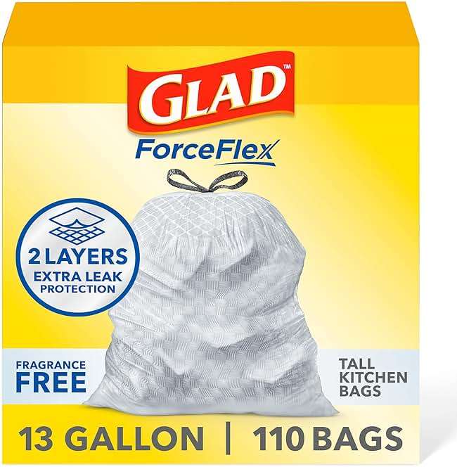 Glad ForceFlex Tall Kitchen Drawstring Trash Bags, 13 Gal, Fragrance Free, 110 Ct (Package May Vary) - Image 1