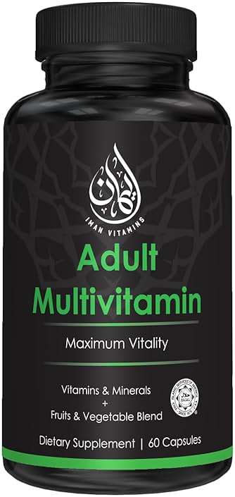 Iman Vitamins Halal Complete Multivitamin Capsules for Adults Men & Women | 42 Fruit & Vegetable Blend with Iron, Zinc, CoQ10, Folic Acid, and Vitamin A, B1, B3, B6, B12, C, D3, E | 60 Count - Image 1