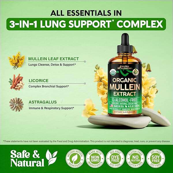 Mullein Drops for Lungs - USDA Organic Liquid - Mullein Leaf Extract Supplement - for Women & Men - Lung & Bronchial Cleanse for Smokers - Respiratory Health Support - As Tincture, Tea, Pills - 4 oz - Image 5
