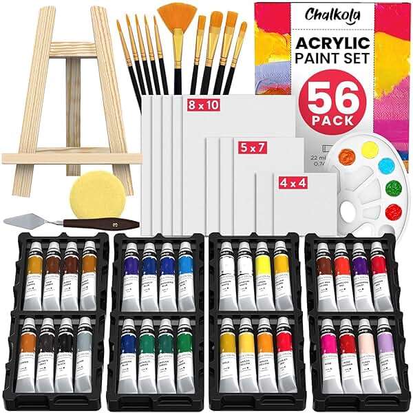 Chalkola Acrylic Paint Set for Adults & Kids - 56 Pcs Canvas Painting Kit with 32 Paints (22ml), 10 Brushes, 10 Canvases, Tabletop Easel, Palette, Knife - Professional Craft & Art Painting Supplies - Image 1