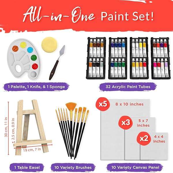 Chalkola Acrylic Paint Set for Adults & Kids - 56 Pcs Canvas Painting Kit with 32 Paints (22ml), 10 Brushes, 10 Canvases, Tabletop Easel, Palette, Knife - Professional Craft & Art Painting Supplies - Image 3