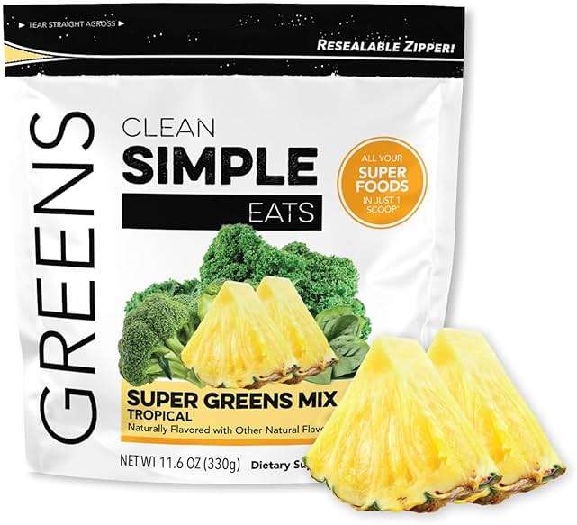 Clean Simple Eats Super Greens Powder, Naturally Flavored Greens Powder with Chlorella, Spirulina, Superfoods & Prebiotic Fiber, No Artificial Ingredients, Gluten Free, Tropical Greens Flavor, 30 Srvg - Image 1