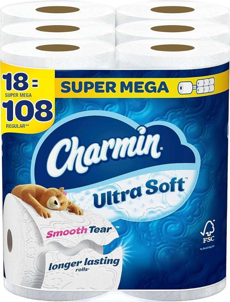 Charmin Ultra Soft Super Mega Toilet Paper, 2-Ply, White, 366 Sheets/Roll, 6 Rolls/Pack, 3 Packs/Carton (01568) - Image 1