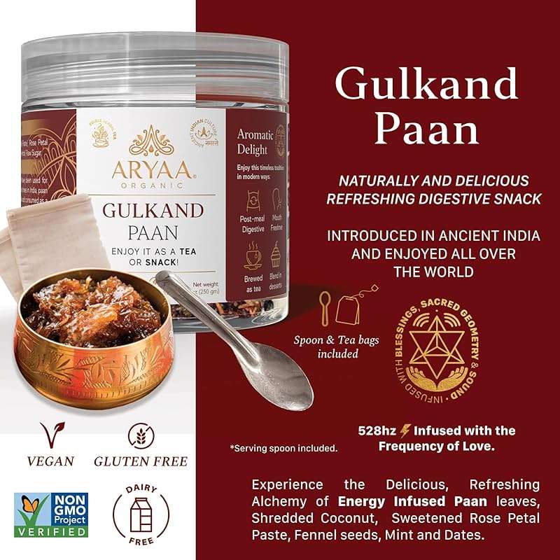 Aryaa Organic Gulkand Paan l 8.75oz (250g)| Herbal Tea & Digestive Snack | | Shredded l 100% Natural, Vegan, Gluten-Friendly | Sound-Infused, Non-GMO | Authentic Indian Delight | Perfect for Sipping or Snacking - Image 3