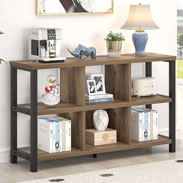 FOLUBAN 6 Cube Storage Organizer with Shelf, Industrial Horizontal Bookshelf, Low Cubby Bookcase for Living Room Bedroom, 47 Inch Oak - Image 1