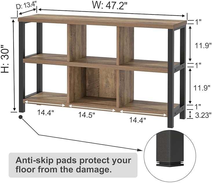 FOLUBAN 6 Cube Storage Organizer with Shelf, Industrial Horizontal Bookshelf, Low Cubby Bookcase for Living Room Bedroom, 47 Inch Oak - Image 2