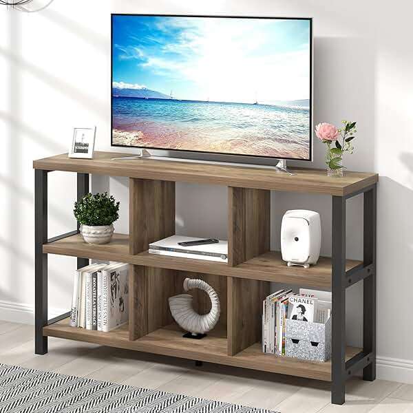 FOLUBAN 6 Cube Storage Organizer with Shelf, Industrial Horizontal Bookshelf, Low Cubby Bookcase for Living Room Bedroom, 47 Inch Oak - Image 3