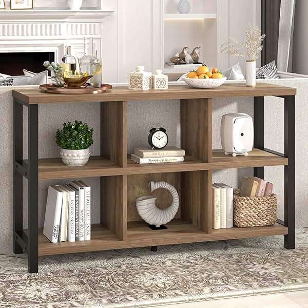 FOLUBAN 6 Cube Storage Organizer with Shelf, Industrial Horizontal Bookshelf, Low Cubby Bookcase for Living Room Bedroom, 47 Inch Oak - Image 5