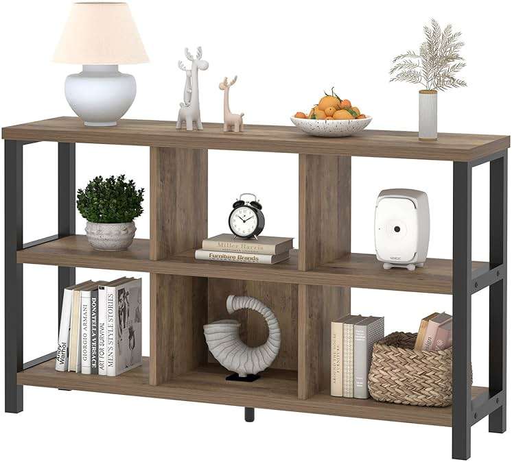FOLUBAN 6 Cube Storage Organizer with Shelf, Industrial Horizontal Bookshelf, Low Cubby Bookcase for Living Room Bedroom, 47 Inch Oak - Image 8