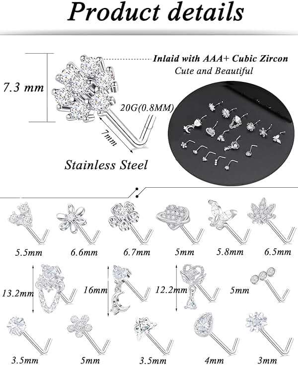 Tornito 16Pcs Nose Rings L Shaped Nose Stud Stainless Steel Butterfly Flower Leaf Heart Moon Dangle Nose Stud Ring Body Piercing Jewelry for Women Men 20G Pink Blue Clear CZ - Image 2