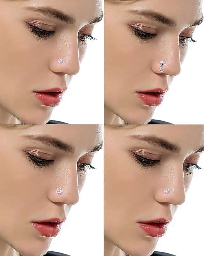 Tornito 16Pcs Nose Rings L Shaped Nose Stud Stainless Steel Butterfly Flower Leaf Heart Moon Dangle Nose Stud Ring Body Piercing Jewelry for Women Men 20G Pink Blue Clear CZ - Image 3