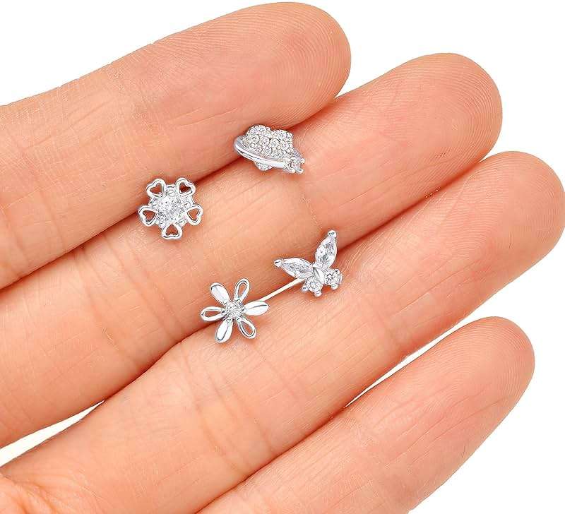 Tornito 16Pcs Nose Rings L Shaped Nose Stud Stainless Steel Butterfly Flower Leaf Heart Moon Dangle Nose Stud Ring Body Piercing Jewelry for Women Men 20G Pink Blue Clear CZ - Image 6