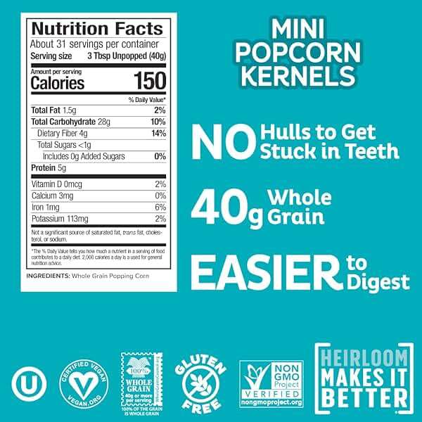 Pip's Heirloom Snack Mini Popcorn Kernels – 44 oz Jar | Non-GMO, Vegan, Gluten Free Snacks, Healthy Unpopped Popcorn - Image 2