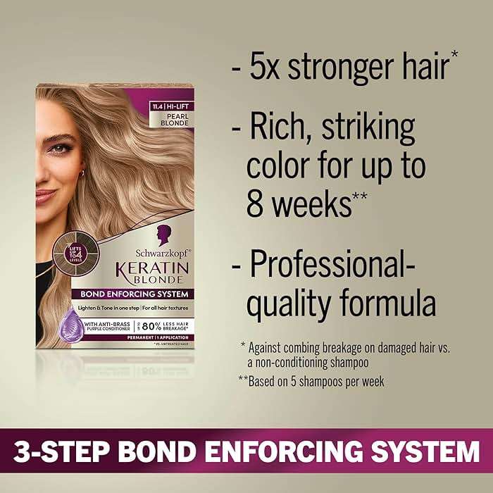 Schwarzkopf Keratin Blonde Hair Dye, 11.4 High Lift Pearl Blonde, Professional Quality Permanent Hair Color, Bond Enforcing System, Pre-Color Serum & Purple Conditioner Included - Image 2