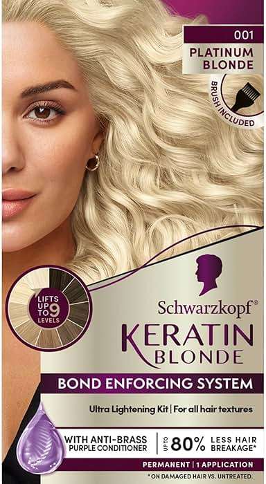 Schwarzkopf Keratin Blonde Hair Dye, 001 High Lift Platinum Blonde, Professional Quality Permanent Hair Color, Bond Enforcing System, Pre-Color Serum & Purple Conditioner Included - Image 1