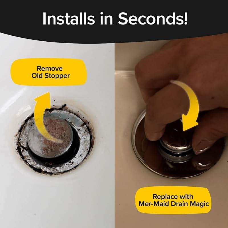 Mer-Maid Drain Magic AS SEEN ON TV Replace Broken or Missing Bathroom Drain Stoppers in Seconds, No Tools, Push To Fill, Hair Catcher Prevents Clogs, Watertight Silicone Seal,Chrome Plated Solid Brass - Image 4