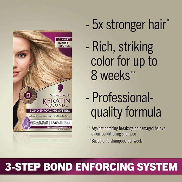 Schwarzkopf Keratin Blonde Hair Dye, 11 High Lift Natural Blonde, Professional Quality Permanent Hair Color, Bond Enforcing System, Pre-Color Serum & Purple Conditioner Included - Image 2