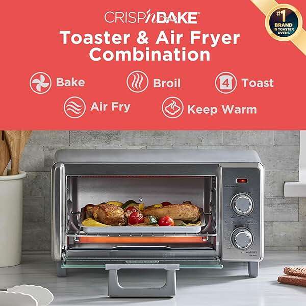 BLACK+DECKER Crisp 'N Bake Air Fry Countertop Convection Toaster Oven, Medium Capacity, 4-Slice, 5-in-1, Fits 9” Pizza, 30-Min Timer, Bake, Broil, Air Fry, Toast, Keep Warm, Stainless Steel - Image 4