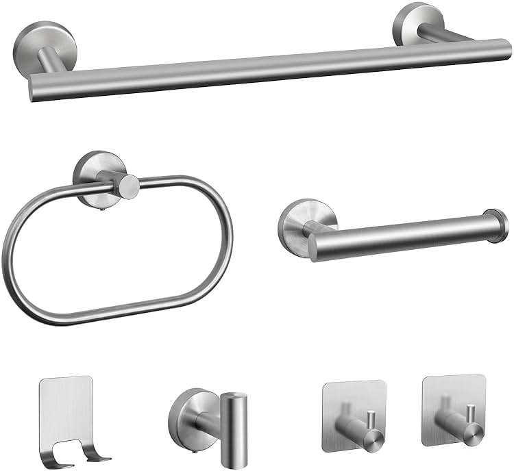7 PCS Bathroom Hardware Set, Brushed Nickel Stainless Steel Bathroom Tower Rack Set Wall Mounted Includes 16" Towel Bar, Toilet Towel Paper Holder, Towel Ring, 4 Robe Towel Hooks - Image 1
