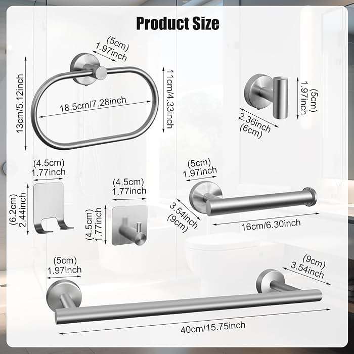 7 PCS Bathroom Hardware Set, Brushed Nickel Stainless Steel Bathroom Tower Rack Set Wall Mounted Includes 16" Towel Bar, Toilet Towel Paper Holder, Towel Ring, 4 Robe Towel Hooks - Image 3