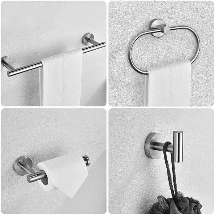 7 PCS Bathroom Hardware Set, Brushed Nickel Stainless Steel Bathroom Tower Rack Set Wall Mounted Includes 16" Towel Bar, Toilet Towel Paper Holder, Towel Ring, 4 Robe Towel Hooks - Image 4