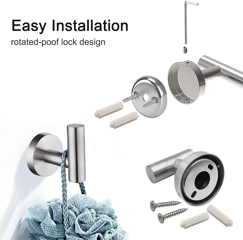 7 PCS Bathroom Hardware Set, Brushed Nickel Stainless Steel Bathroom Tower Rack Set Wall Mounted Includes 16" Towel Bar, Toilet Towel Paper Holder, Towel Ring, 4 Robe Towel Hooks - Image 6