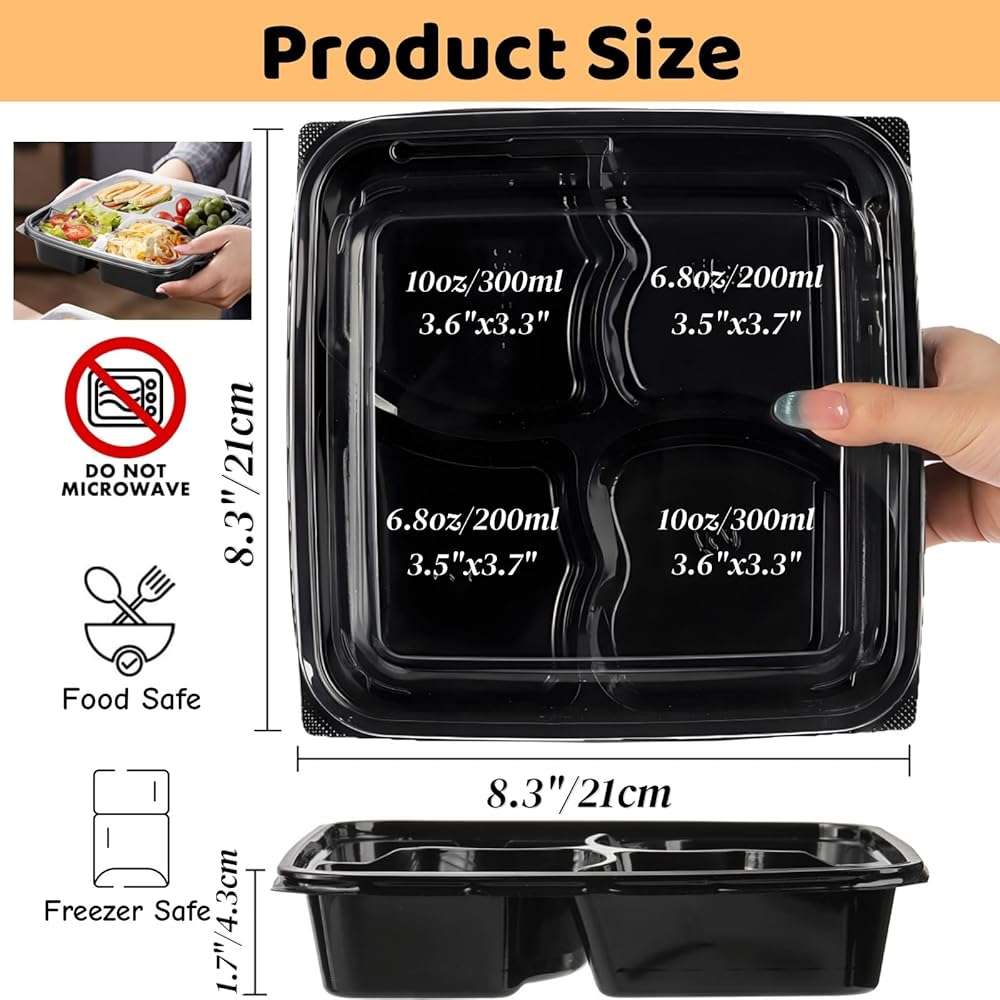Noamus 30 Pack (60-Pcs) Meal Prep Containers, 4 Compartment Bento Lunch Box with Lid, Disposable Plastic Food Storage To Go, 34oz Portion Control Take Out Box for Adult, Not Microwave Dishwasher Safe - Image 3